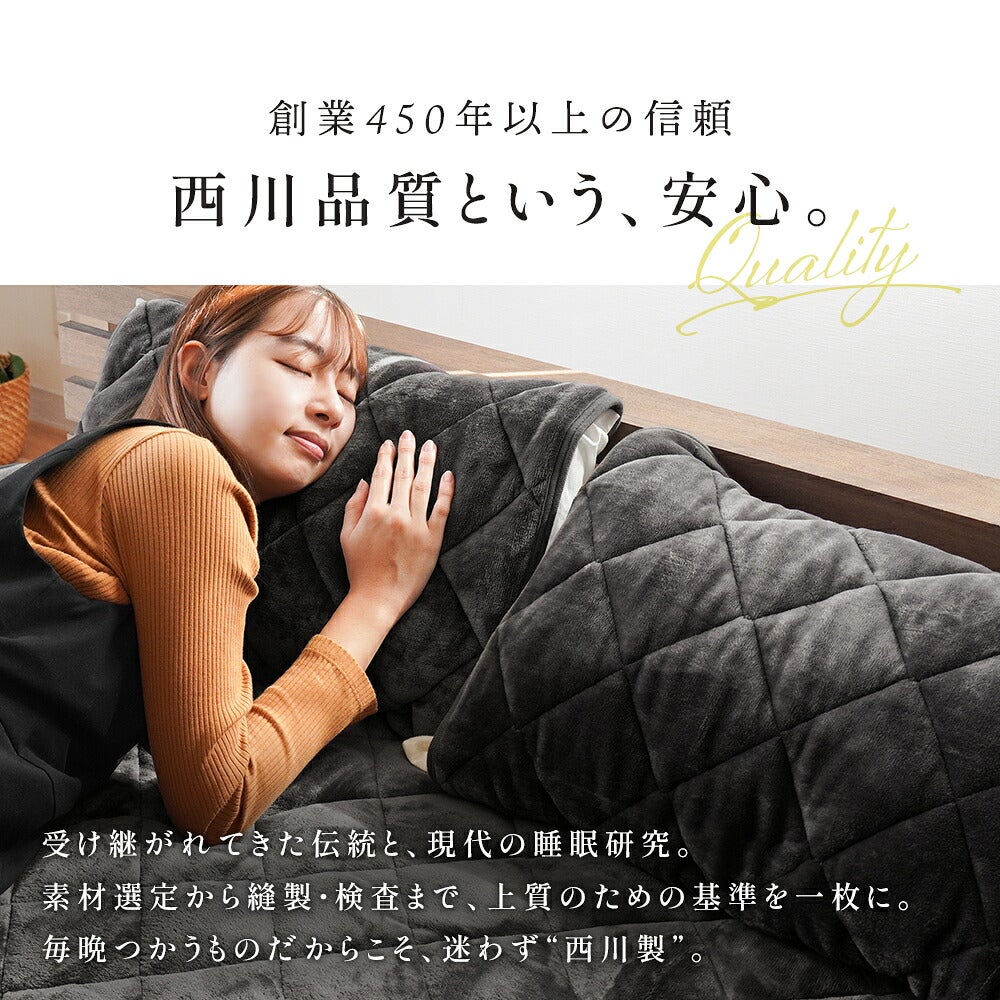 グレーの枕パッドに頬を寄せる女性の写真。「創業450年以上の信頼　西川品質という、安心。」の見出し入り