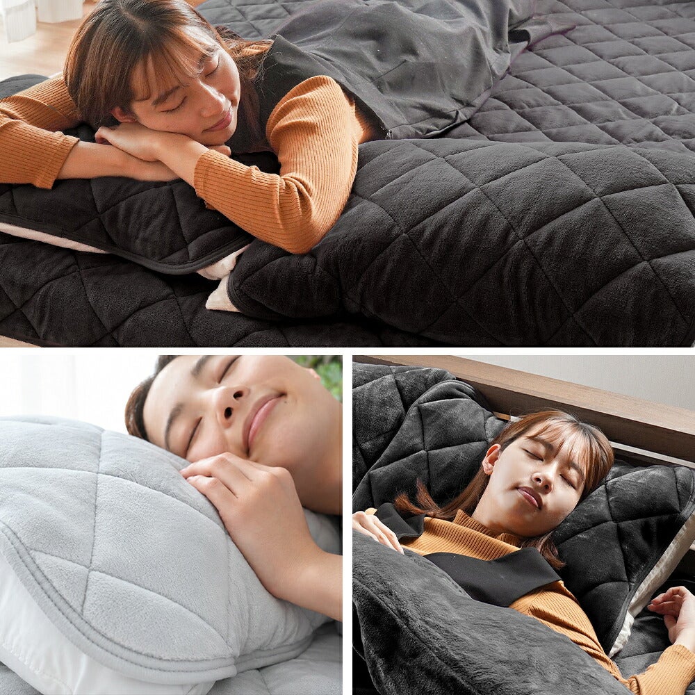黒い枕パッドで眠る女性、グレーの枕パッドに頬を寄せる男性、黒い枕パッドで眠る女性の3カットを組み合わせた写真