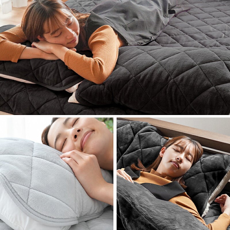黒い枕パッドで眠る女性、グレーの枕パッドに頬を寄せる男性、黒い枕パッドで眠る女性の3カットを組み合わせた写真