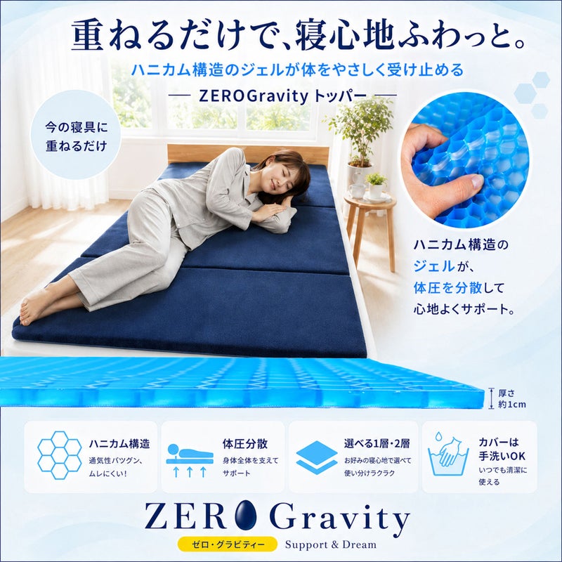 ZERO Gravity（ゼログラビティ）トッパーの商品特徴。ハニカム構造のジェルが体圧を分散して心地よくサポート。厚さ約1cmの1層タイプで、通気性抜群、選べる1層・2層、カバーは手洗いOKのアイコン説明とベッドで横になる女性。