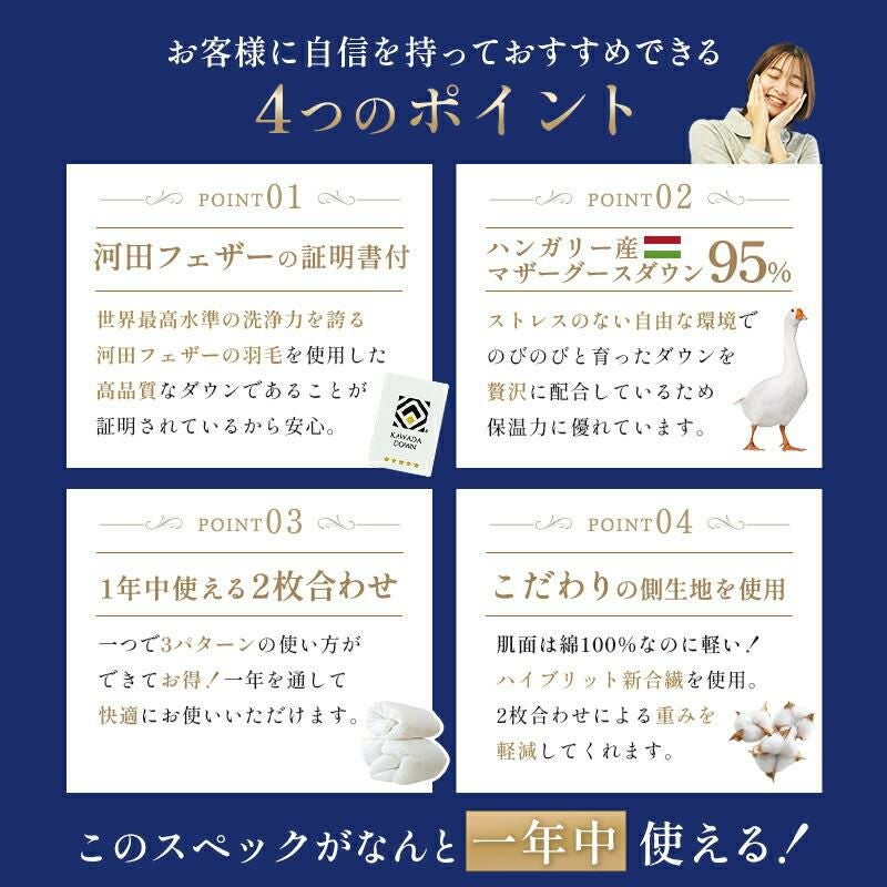 河田フェザー ハンガリー産 マザーグースダウン95% 2枚合わせ 羽毛布団