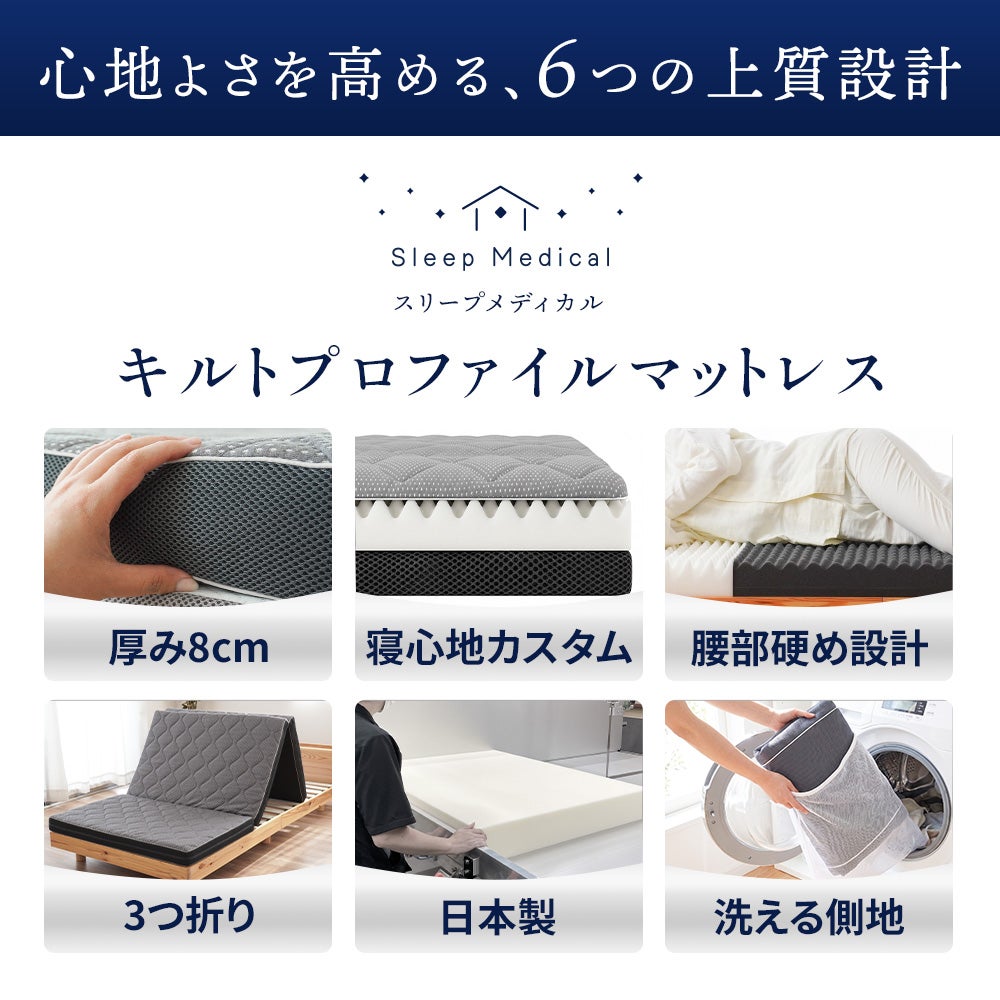 ねごこち本舗 公式「スリープメディカル」キルトプロファイルマットレスの6つの上質設計。厚み8cm、寝心地カスタム、腰部硬め設計、3つ折り、日本製、洗える側地で快適な睡眠環境をサポートします。