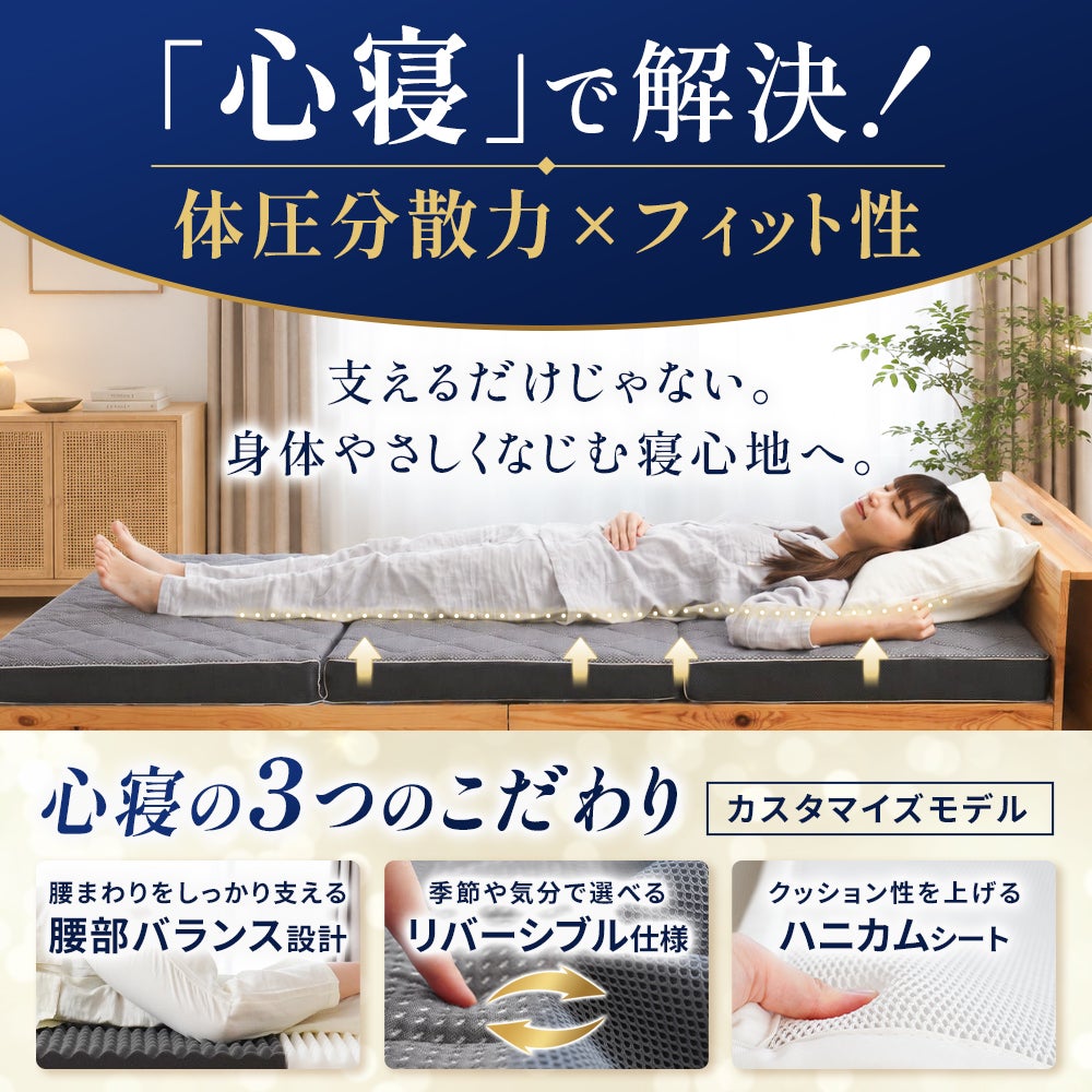 ねごこち本舗 公式の高反発マットレス「心寝」カスタマイズモデル。腰部バランス設計、リバーシブル仕様、クッション性を上げるハニカムシートの3つのこだわりにより、優れた体圧分散力と身体になじむフィット性を実現。