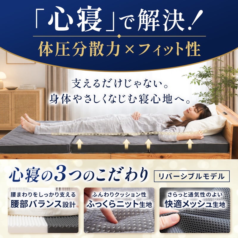 ねごこち本舗 公式の高反発マットレス「心寝」。腰まわりを支える腰部バランス設計、ふっくらニット生地、快適メッシュ生地の3つのこだわりにより、優れた体圧分散力と身体になじむフィット性を実現。