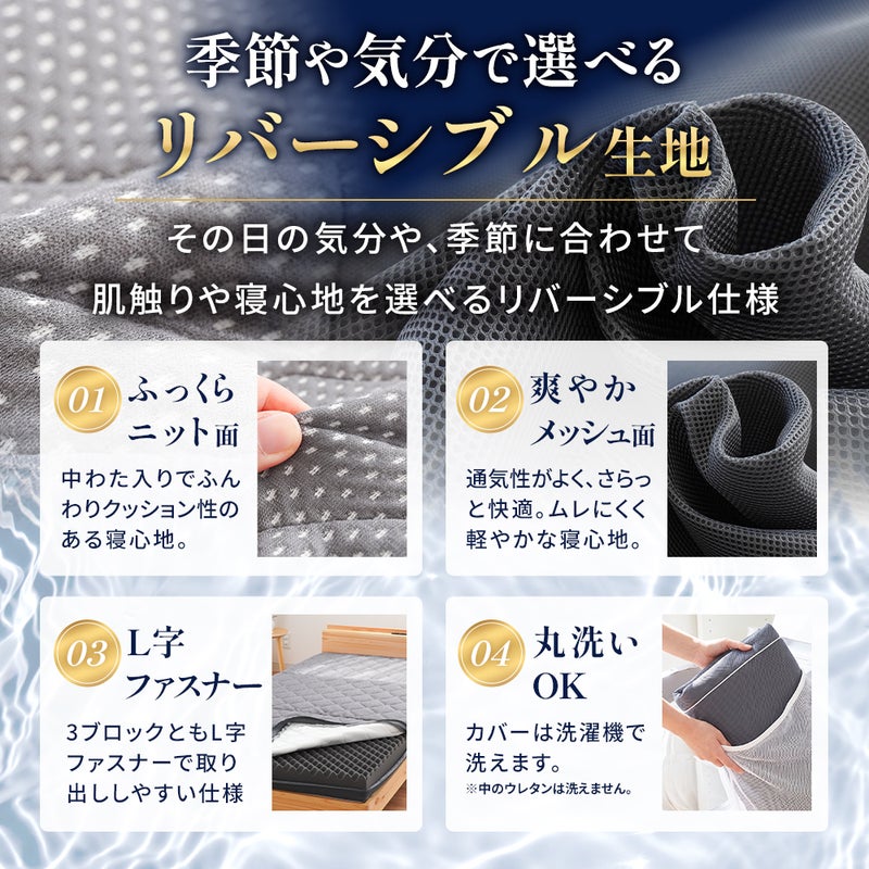 ねごこち本舗 公式「心寝」の機能説明。季節で選べるふっくらニット面と爽やかメッシュ面のリバーシブル仕様。中身を取り出しやすいL字ファスナーを採用し、カバーは洗濯機での丸洗いが可能です。