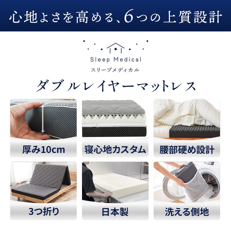 ねごこち本舗 公式「スリープメディカル」ダブルレイヤーマットレスの6つの上質設計。厚み10cm、寝心地カスタム、腰部硬め設計、3つ折り、日本製、洗える側地で快適な睡眠環境をサポートします。