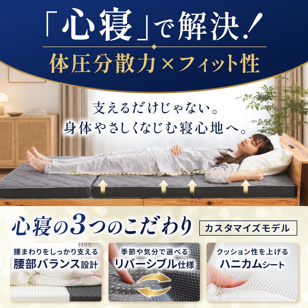 ねごこち本舗 公式の高反発マットレス「心寝」カスタマイズモデル。腰部バランス設計、リバーシブル仕様、クッション性を上げるハニカムシートの3つのこだわりにより、優れた体圧分散力と身体になじむフィット性を実現。