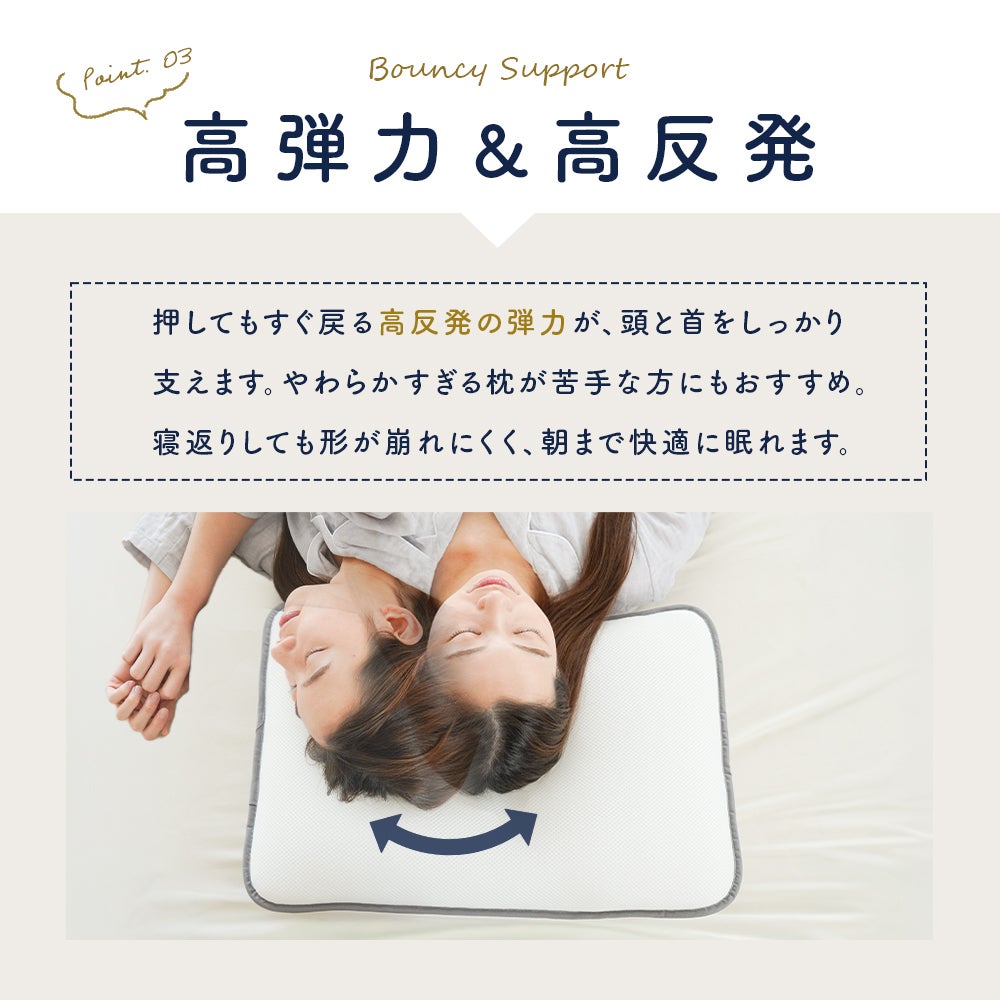 高弾力・高反発ウレタンで頭と首をしっかり支える枕