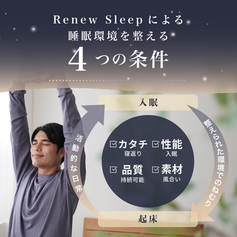 入眠から起床まで、睡眠環境を整えるための4つの条件（カタチ・性能・品質・素材）