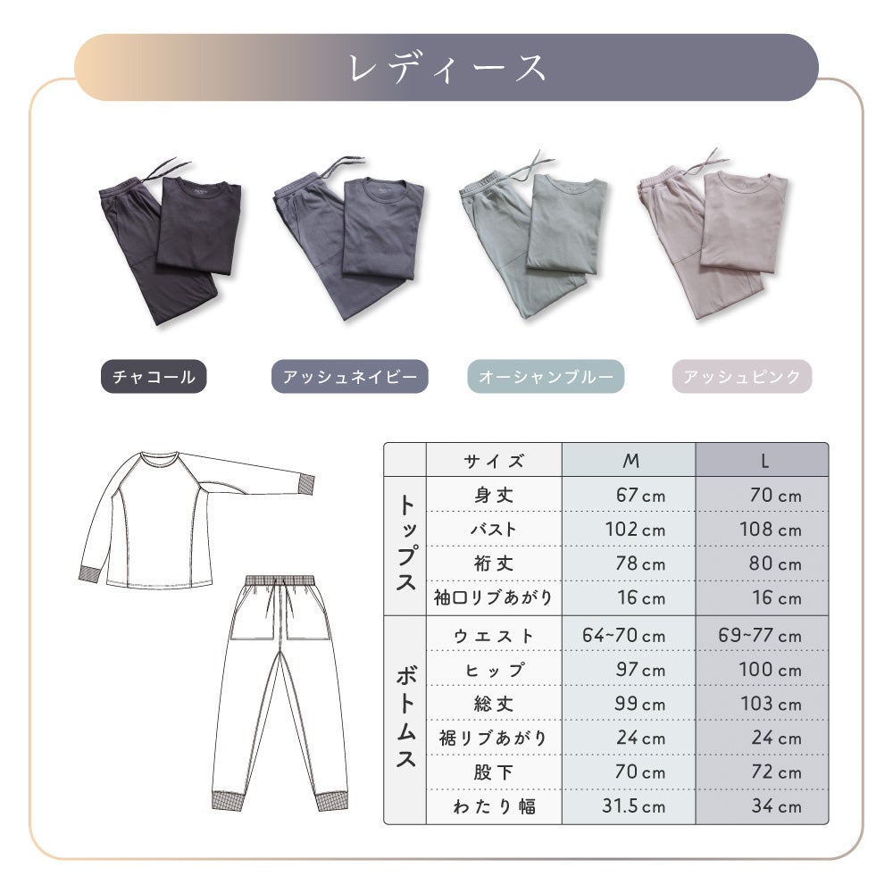 レディース全4カラーの展開と、Mサイズ・Lサイズの詳細な寸法表