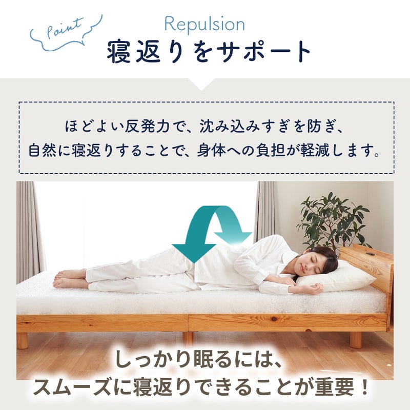 「ねごこち本舗 公式」の3Dエアフォースマットレスによる寝返りサポート。ほどよい反発力で身体の沈み込みすぎを防ぎ、自然でスムーズな寝返りを促すことで、就寝時の身体への負担を軽減します。