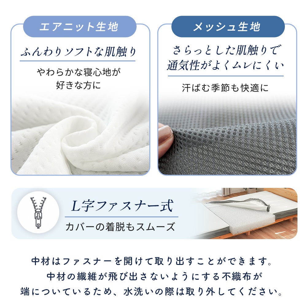 「ねごこち本舗 公式」の3Dエアフォースマットレス、中材ローテーション機能。3つに分割された中材はすべて同じサイズ。1番体重がかかりへたりやすい腰部分の中材を、頭部や脚部と定期的に位置を入れ替える（ローテーションする）ことで、マットレスの寝心地をより長く良好に保てます。