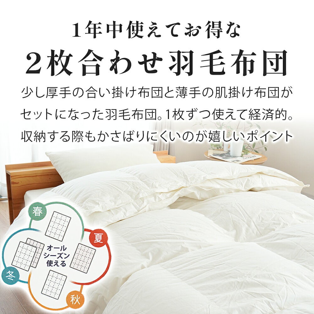 1年中使えてお得な2枚合わせ羽毛布団 少し厚手の合い掛けと薄手の肌掛けがセット 春夏秋冬オールシーズン使い分けできる図