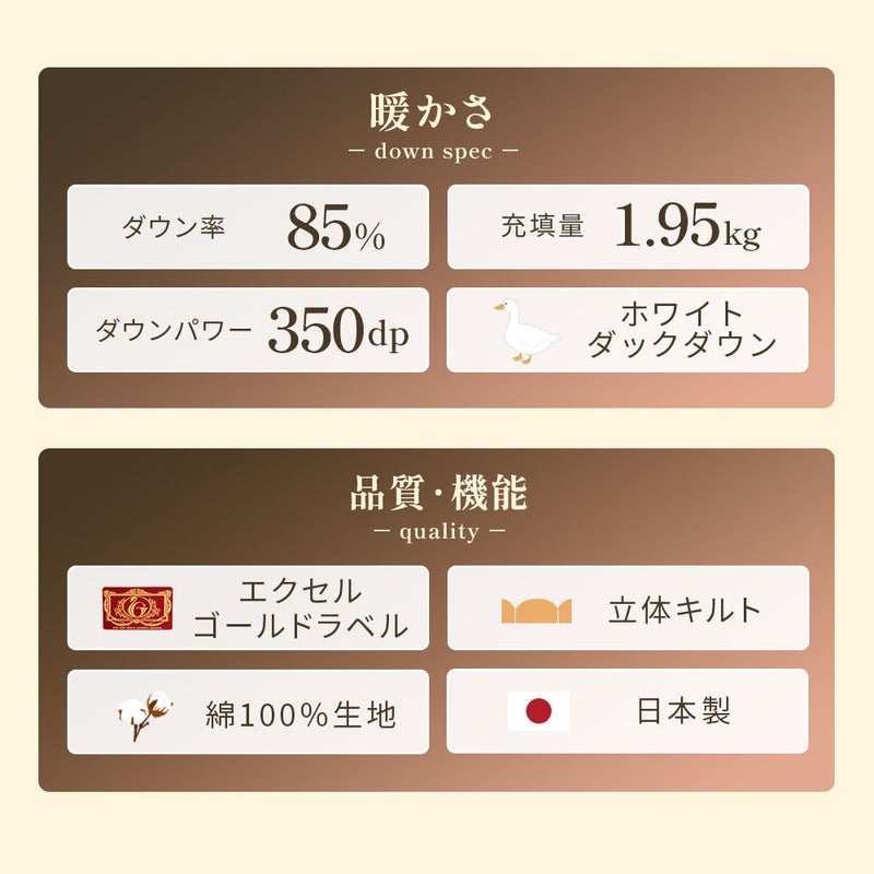 スペック一覧 ダウン率85％ 充填量1.95kg ダウンパワー350dp ホワイトダックダウン エクセルゴールドラベル 立体キルト 綿100％生地 日本製