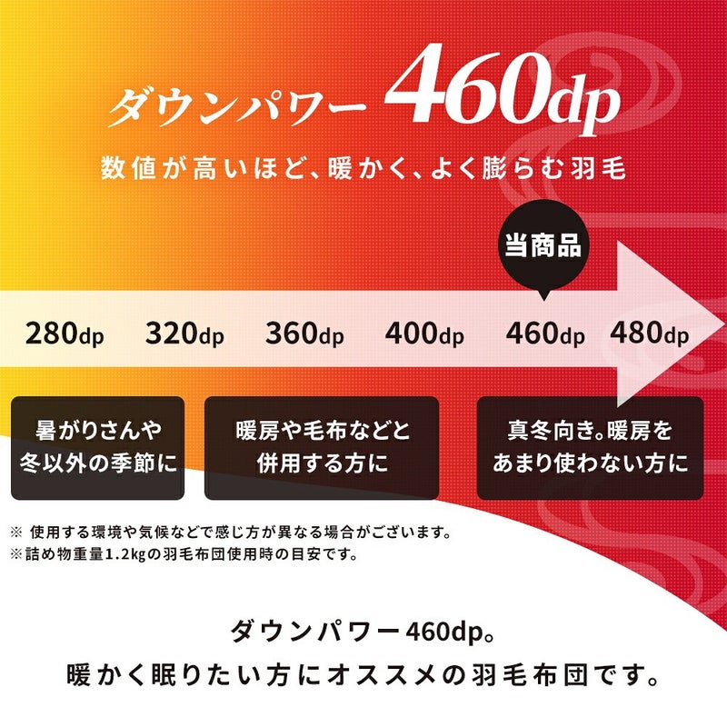 ダウンパワー460dp。数値が高いほど暖かくよく膨らむ羽毛