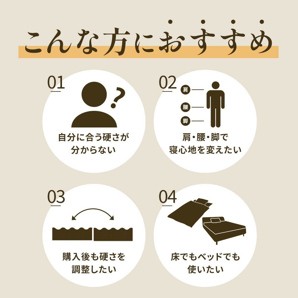 こんな方におすすめ。自分に合う硬さが分からない、肩と腰で寝心地を変えたい、購入後も硬さを調整したい、床でもベッドでも使いたい