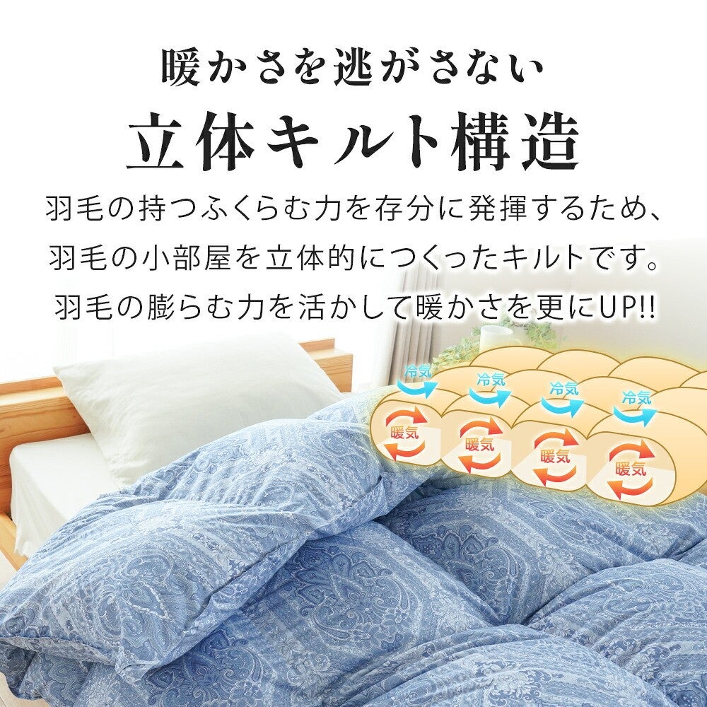 暖かさを逃がさない立体キルト構造。羽毛の小部屋を立体的につくり膨らむ力を活かす