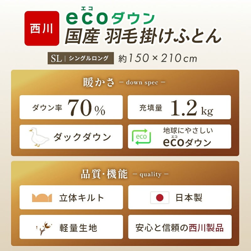 ecoダウン 国産 羽毛掛けふとん SL 約150×210cm。ダウン率70％ 充填量1.2kg 立体キルト 日本製 軽量生地