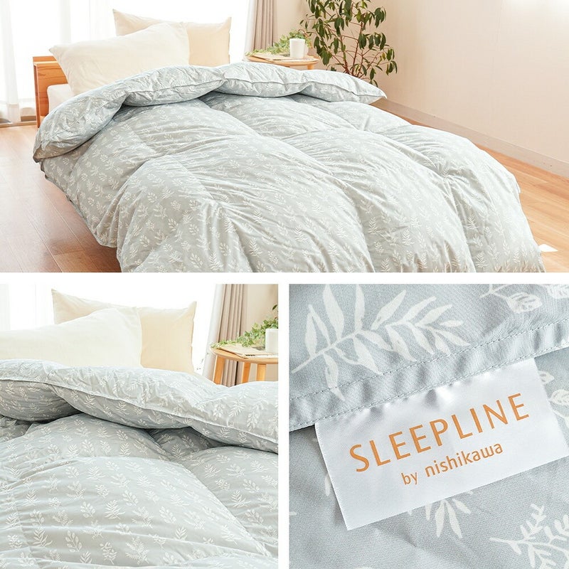 北欧調プリントの羽毛布団をベッドに掛けた使用イメージと SLEEPLINE by nishikawa のタグ