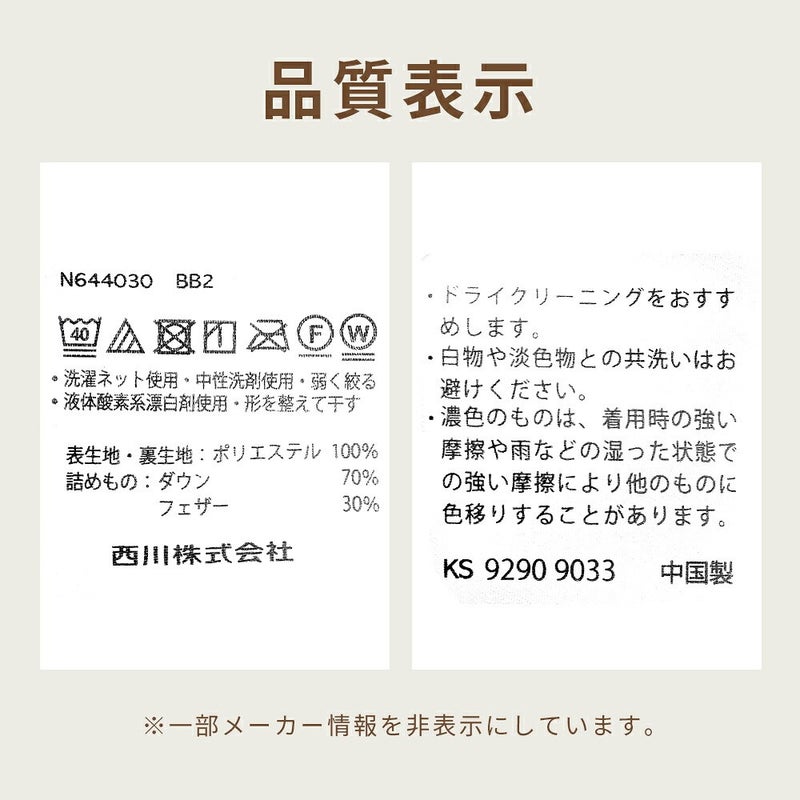 西川 ダウンひざ掛けの品質表示。表生地・裏生地ポリエステル100％ 詰めものダウン70％ フェザー30％ 中国製
