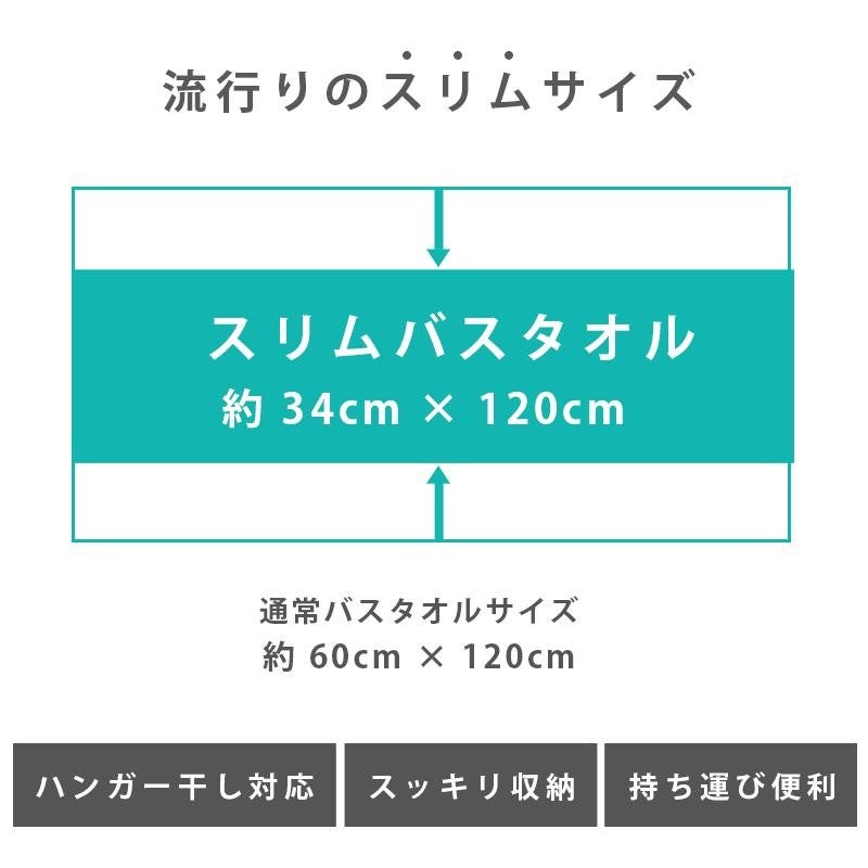 スリムバスタオル（約34×120cm）と通常バスタオル（約60×120cm）のサイズ比較図。ハンガー干し対応・スッキリ収納・持ち運び便利のアイコン付き