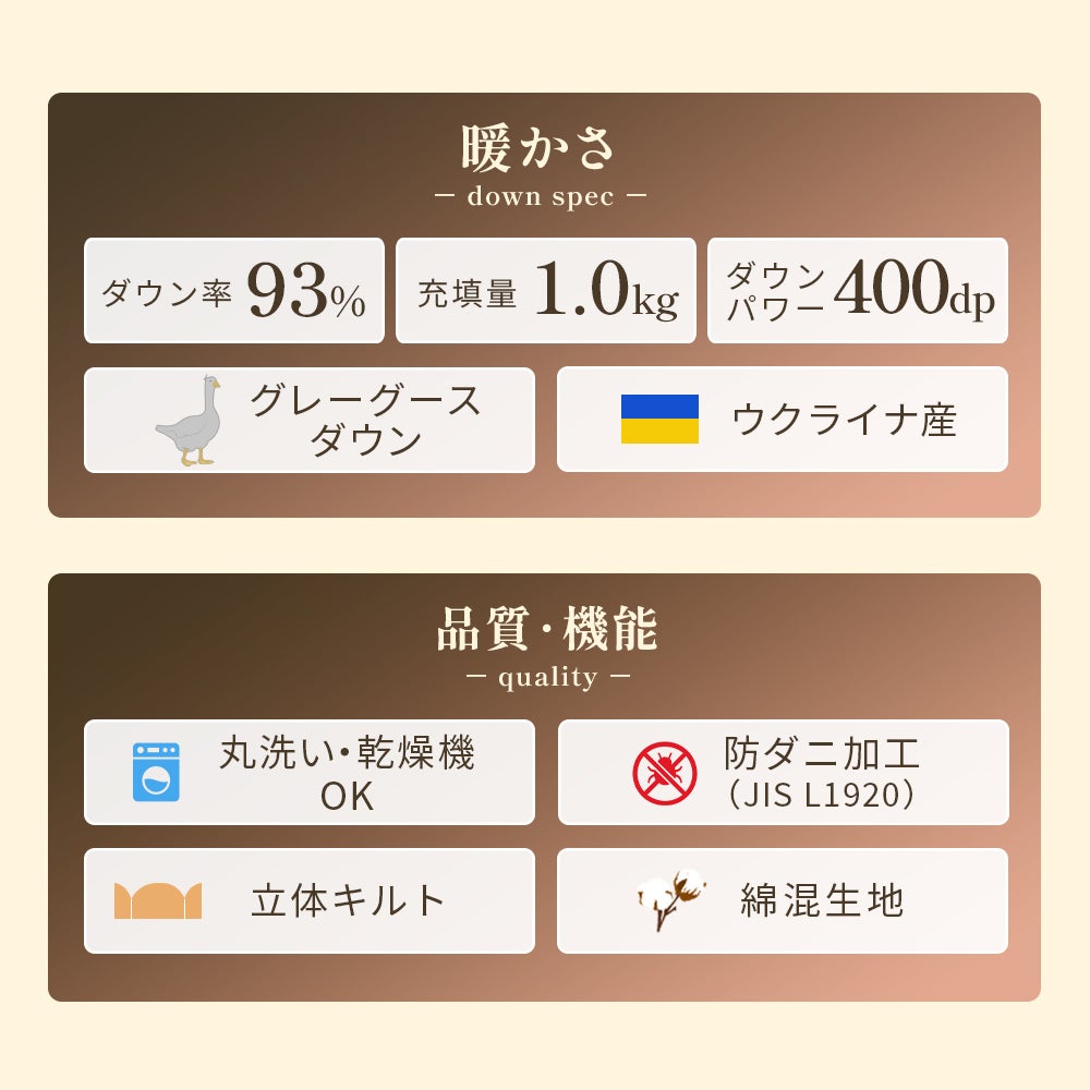 ウクライナ産グレーグースダウン 国産羽毛ふとん ダウン率93% 充填量1.0kg ダウンパワー400dp シングルロング