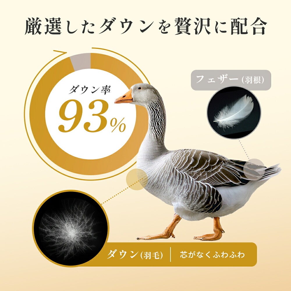 厳選したダウンを贅沢に配合 ダウン率93% グースダウンとフェザーの違い