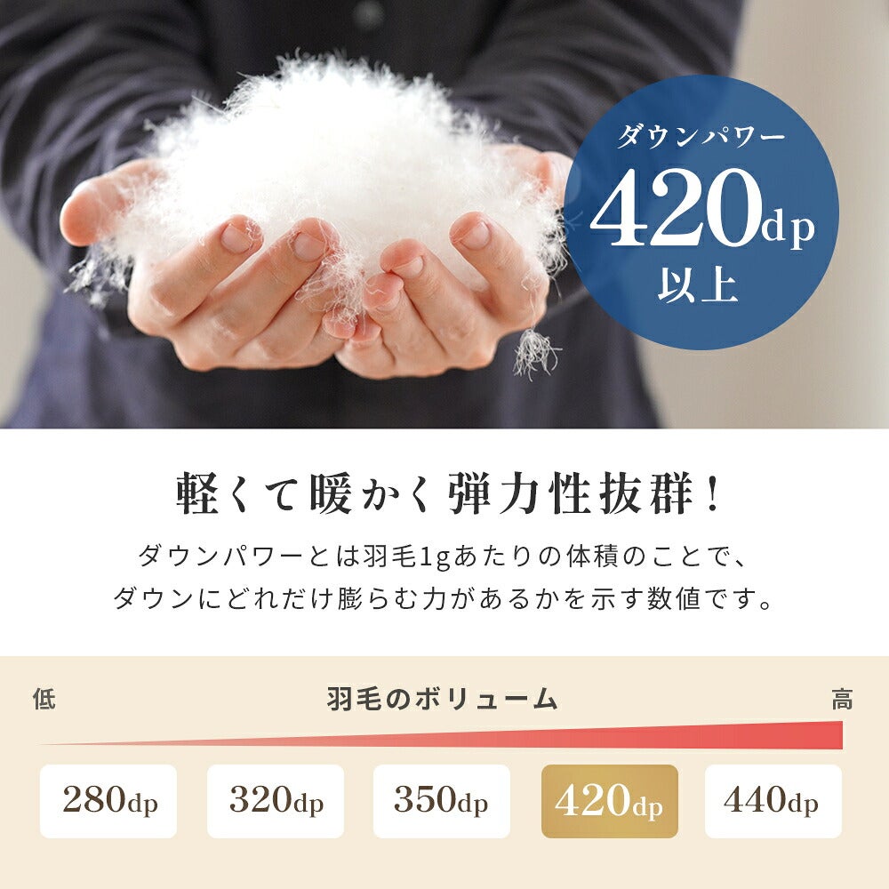ダウンパワー420dp以上 軽くて暖かく弾力性抜群